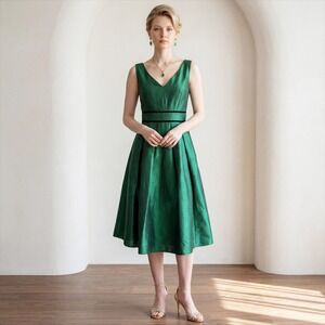 eShakti Plunge Contrast Trim Dupioni dress Emerald Green Fit and Flare Midi Sz 4